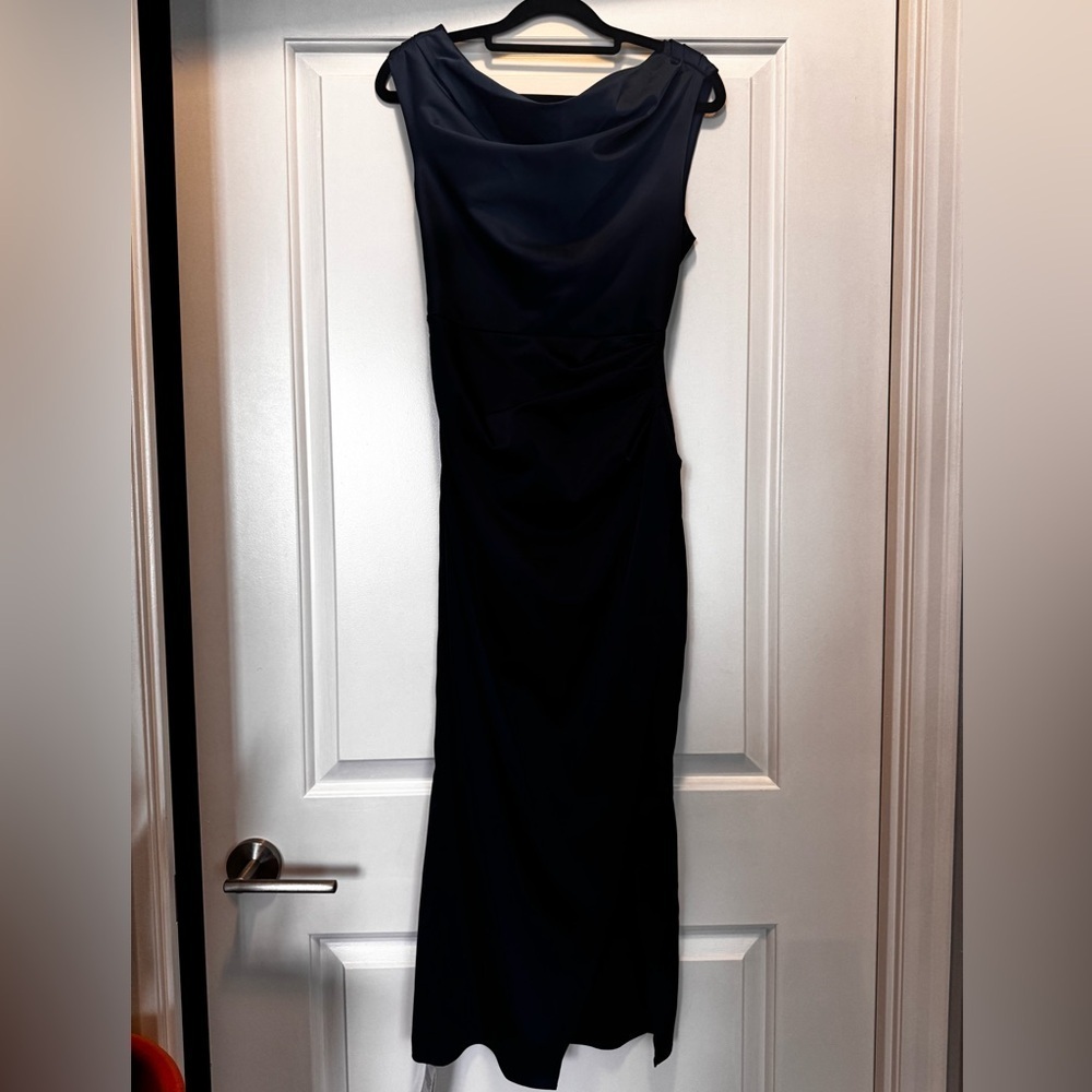 Abercrombie & Fitch Navy Blue Boat Cowl Neck Draped Ruched Maxi Dress Satin XS - Picture 4 of 10